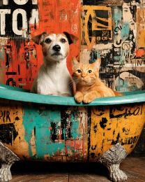 Pop-Art Dog & Cat in Tub Still-Life