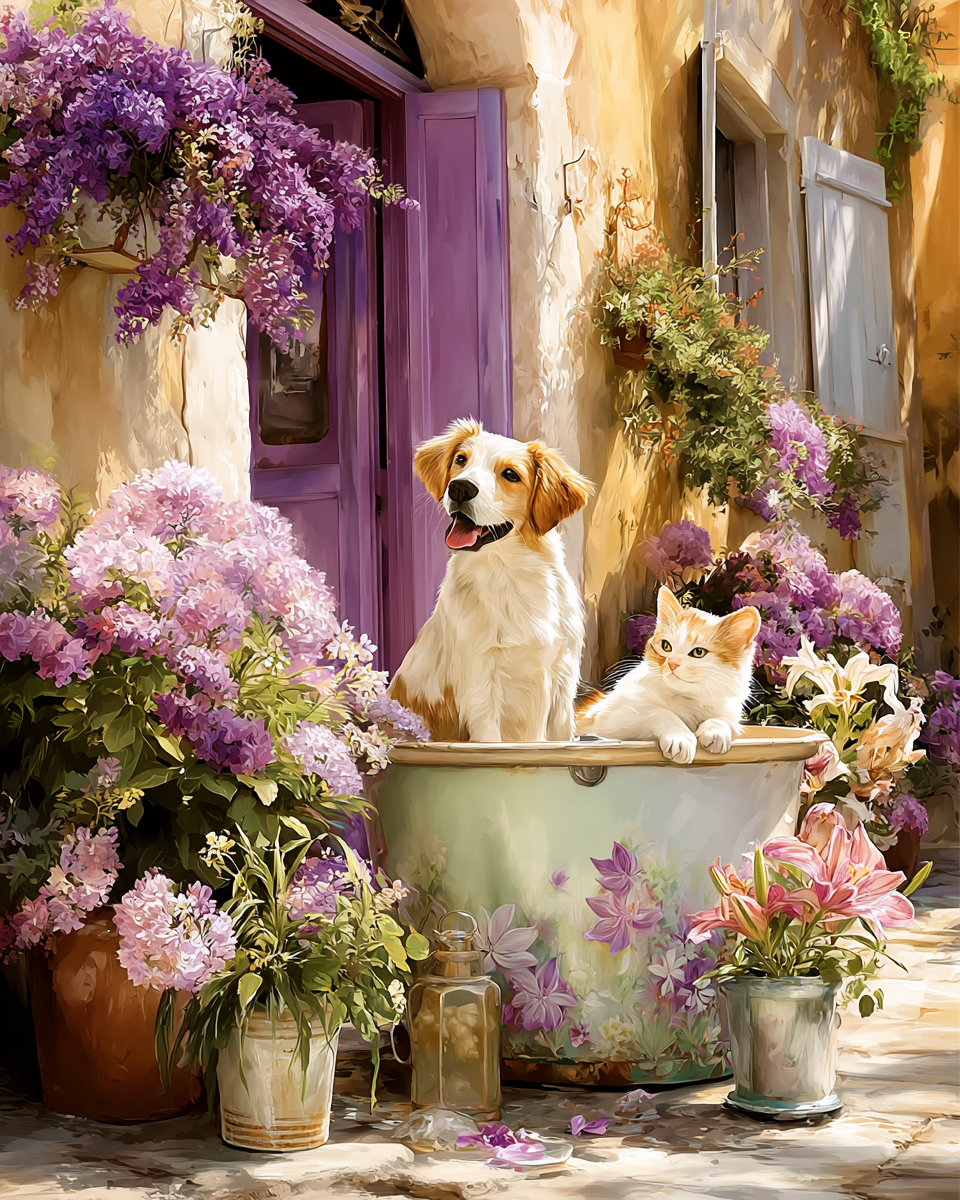 Cat & Dog in a Lavender Spring Day