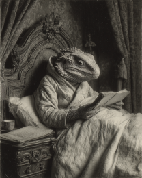 Cryptid Lizard in Bed Reading
