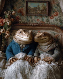 Cryptid Lizard Couple in Bed Reading