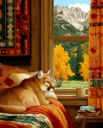 Mountain Lion Relaxing on a Bed