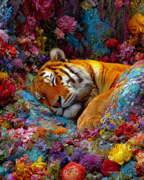 Tiger Sleeping in Bed of Flowers