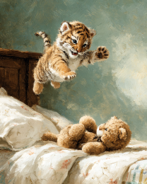Watch Out Teddy! Tiger Cub Pouncing.