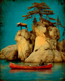 Man in Canoe and Moose Look Out Over the Lake