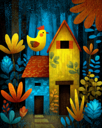 Folk Art Farm Cottage with Bird