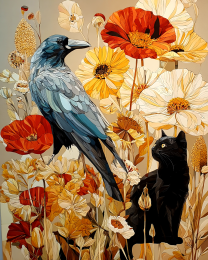 Nouveau Cat and Bird Garden Scene