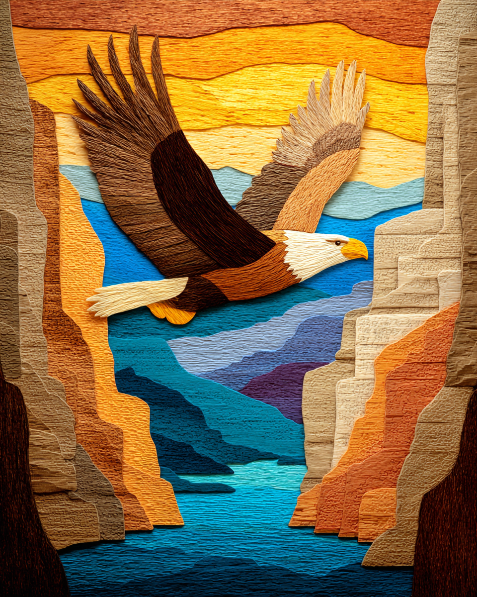Wood Relief Style Eagle Flying in Canyon