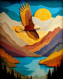 Wood Relief Style Eagle Flying Over Mountain Lake