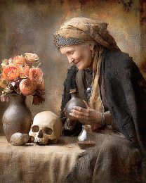 Witch Juniper Fernwood Holding the Potion That Killed Rowan, Whose Skull She Treasures