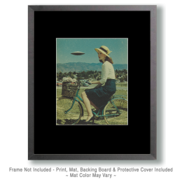 Young Woman on a Bicycle Unaware of Flying Saucer