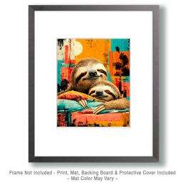 Mom Sloth with Baby in Bed Art
