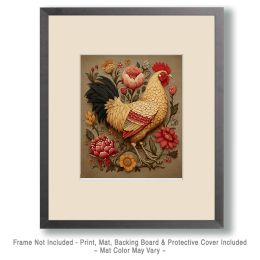 Folk Art Chicken Embroidery Style Art