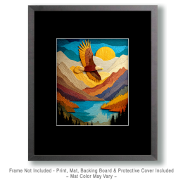 Wood Relief Style Eagle Flying Over Mountain Lake Art