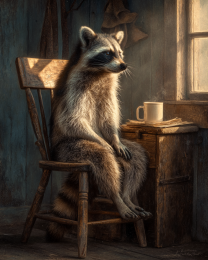 Raccoon Having Tea While Waiting for a Friend