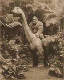 Bigfoot Riding a Brontosaurus Dinosaur