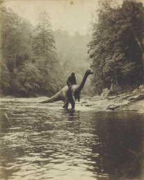 Bigfoot Riding a Brontosaurus Dinosaur Across a River