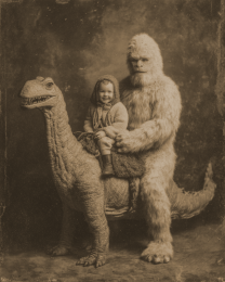 Bigfoot and Child Riding a Brontosaurus Dinosaur