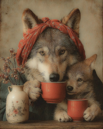 Wolf Enjoys Her Cup of Coffee while Her Cub Rejects His