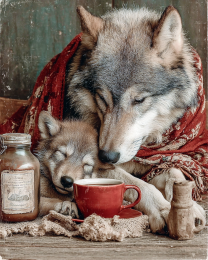 Wolf Trying to Enjoy Coffee While Her Cub Sleeps