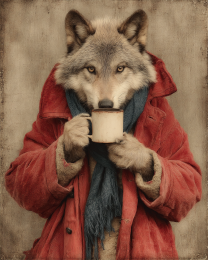 Wolf Enjoying a Cup of Coffee on a Cold Day
