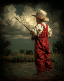 Fishing in Red Overalls Art Print