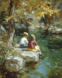 Brother and Sister Fishing Limestone Creek Art Print
