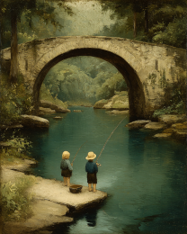 Fishing Below the Old Stone Bridge Art Print