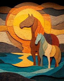 Wood Relief Style Horse and Foal Sunset
