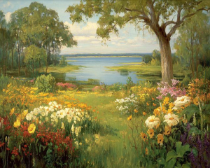 Vintage Wildflowers Along Path to Lake