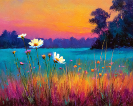 Daisies at Sunset by the Lake