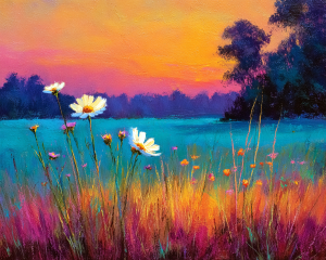 Daisies at Sunset by the Lake