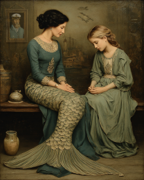 Vintage Mother Mermaid Consoles Her Daughter Art Print