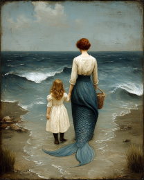 Mother Mermaid Saying Goodbye to Her Daughter Art Print