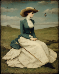 Vintage Woman Watching a Monarch Butterfly