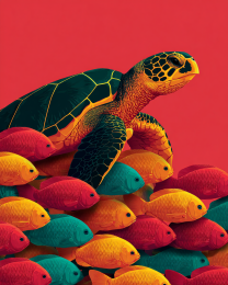 Minimalist Sea Turtle Among the Fishes