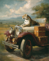 Leopard Relaxing on Vehicle Vintage Wildlife Art Print