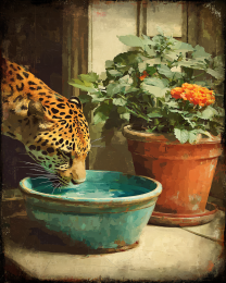 Leopard Taking a Drink Vintage Wildlife Art Print