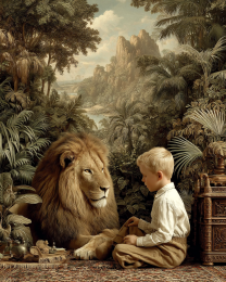African Lion with Young Boy Vintage Wildlife Art Print