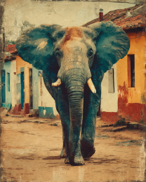 Elephant in Town Vintage Wildlife Art Print