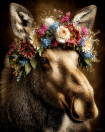Moose with Flower Crown Vintage Style Wildlife Art Print