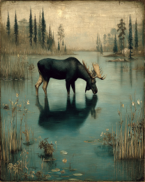 Moose in Pond Vintage Style Wildlife Art Print