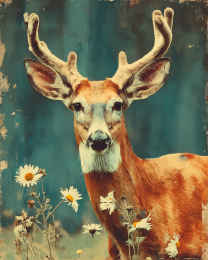 Young Buck with Velvet Antlers Vintage Style Wildlife Art Print
