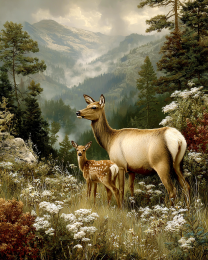 Elk Doe and Calve Vintage Style Wildlife Art Print