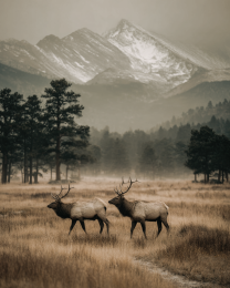 Bull Elk in Mountain Meadow Vintage Style Wildlife Art Print