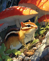 Curious Chipmunk Among Amanita Mushrooms