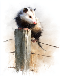 Watercolor Opossum on Fence Post