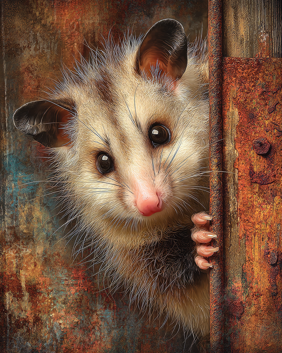 Young Opossum Peeking Around Door