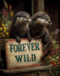 Two Otters with Forever Wild Sign