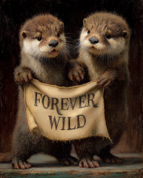Young Otters Holding Forever Wild Banner