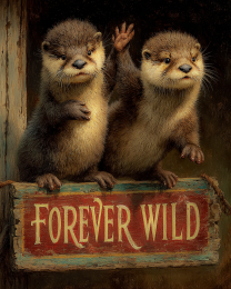 Young Otters Wave While Standing on a Forever Wild Sign